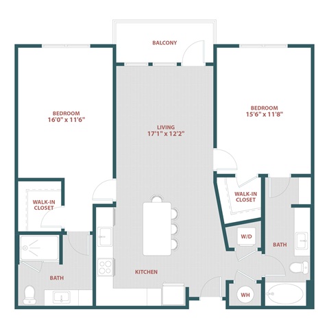 Floor plan for 2 beds, 2 baths, 1158 sqft